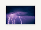 Violet Storm Strikes, purple lightning storm night photograph, landscape canvas wall art print, front view