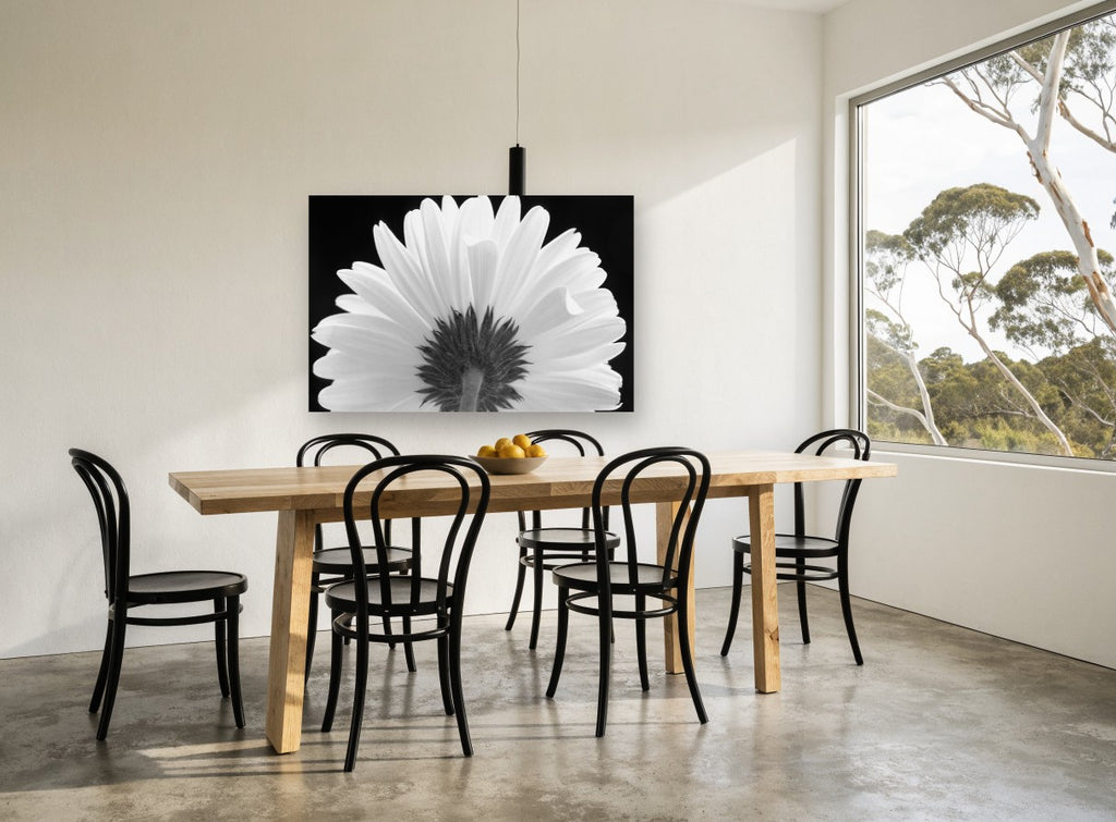 Daisy From Behind floral canvas print on the wall of a dining room