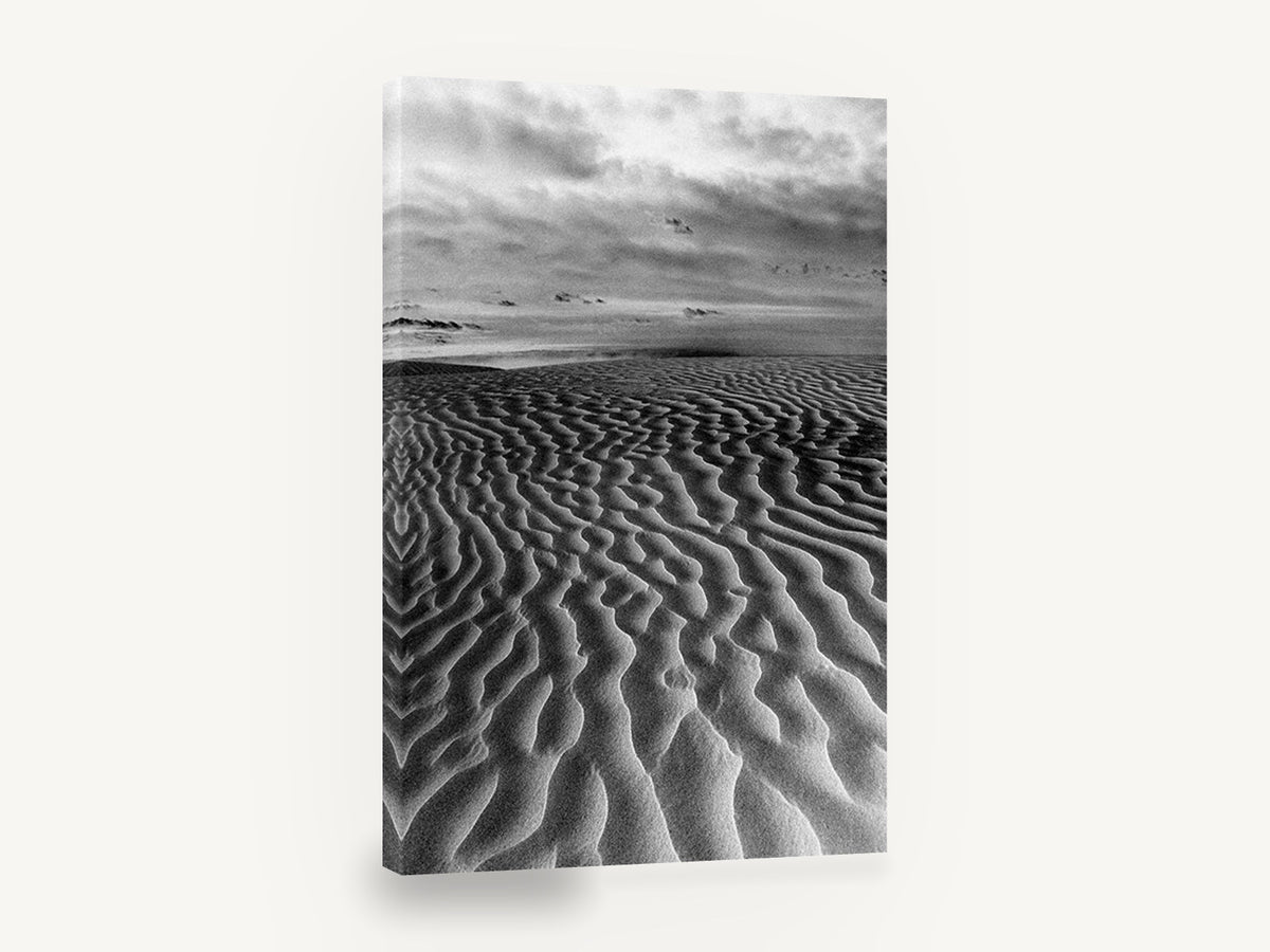 Rippled Dune Sweep, black and white sand dune ripples photograph, landscape canvas wall art print ready to hang