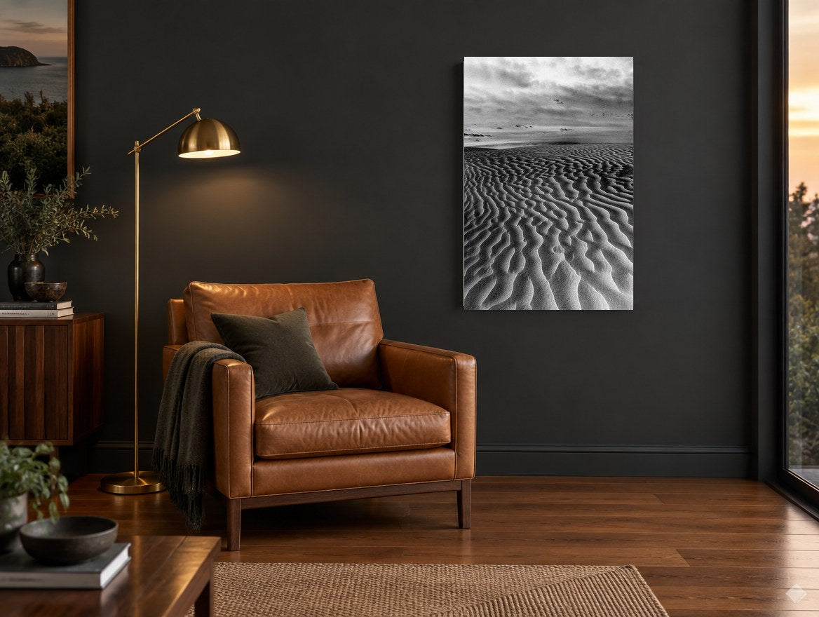 Rippled Dune Sweep landscape canvas print on the wall of a charcoal living room