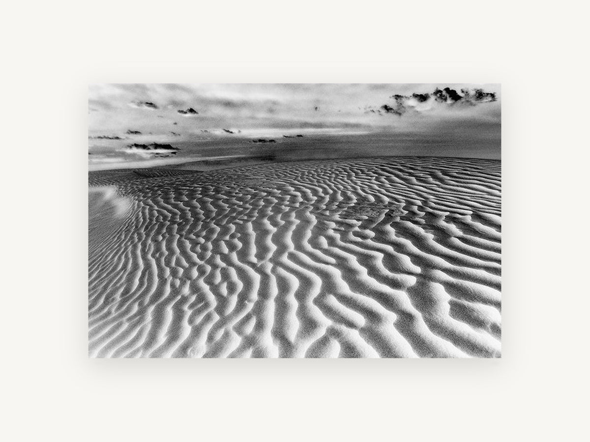 Rippled Dune Light, black and white sand dune photograph, landscape canvas wall art print, front view