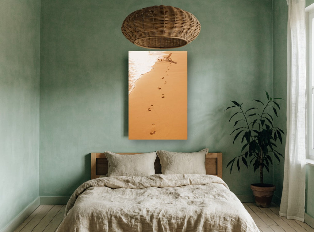 Footprints to the Deckchair coastal canvas print on the wall of a bedroom