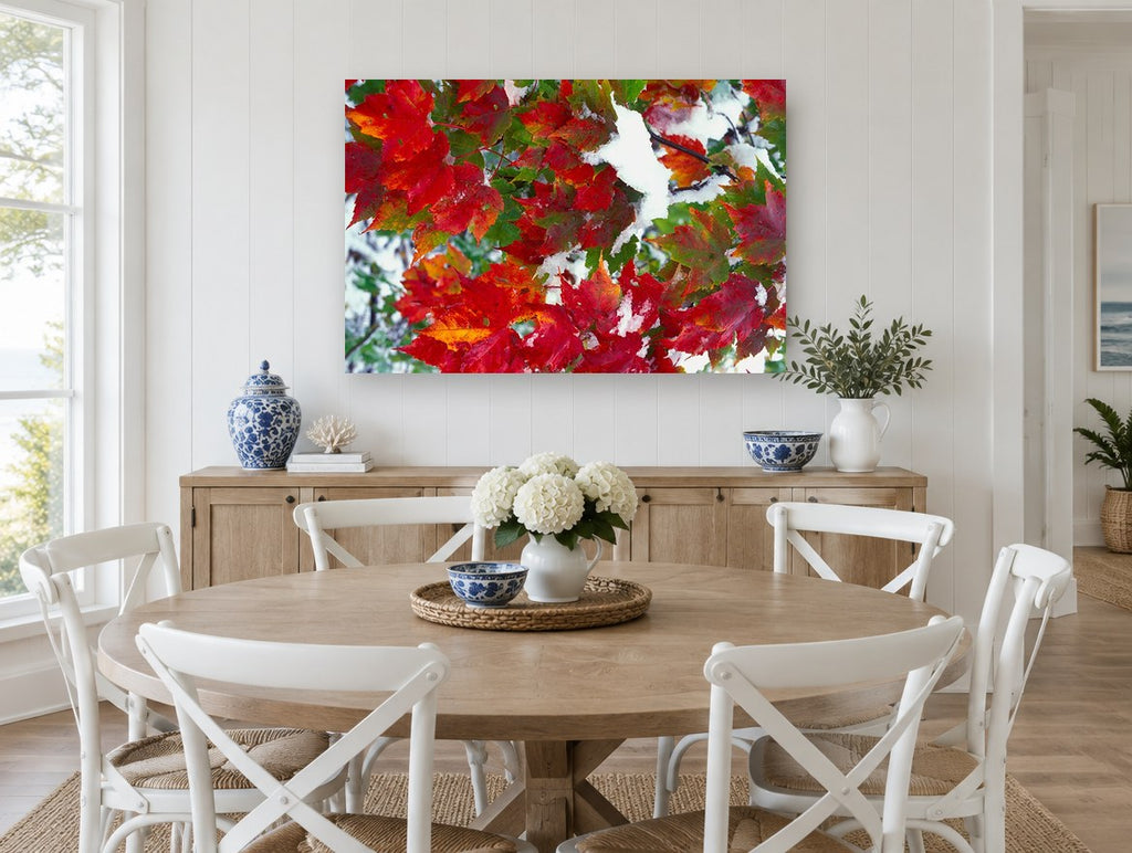 Snow on Red Maple landscape canvas print on the wall of a Hamptons dining room