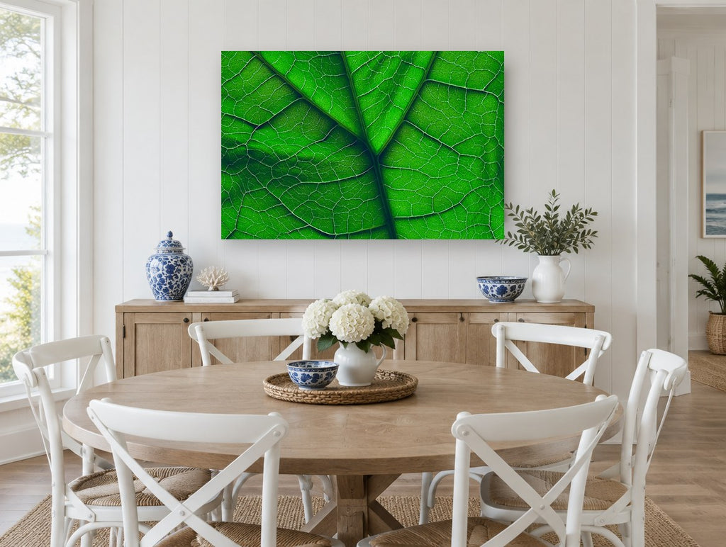 Backlit Leaf Veins floral canvas print on the wall of a Hamptons dining room
