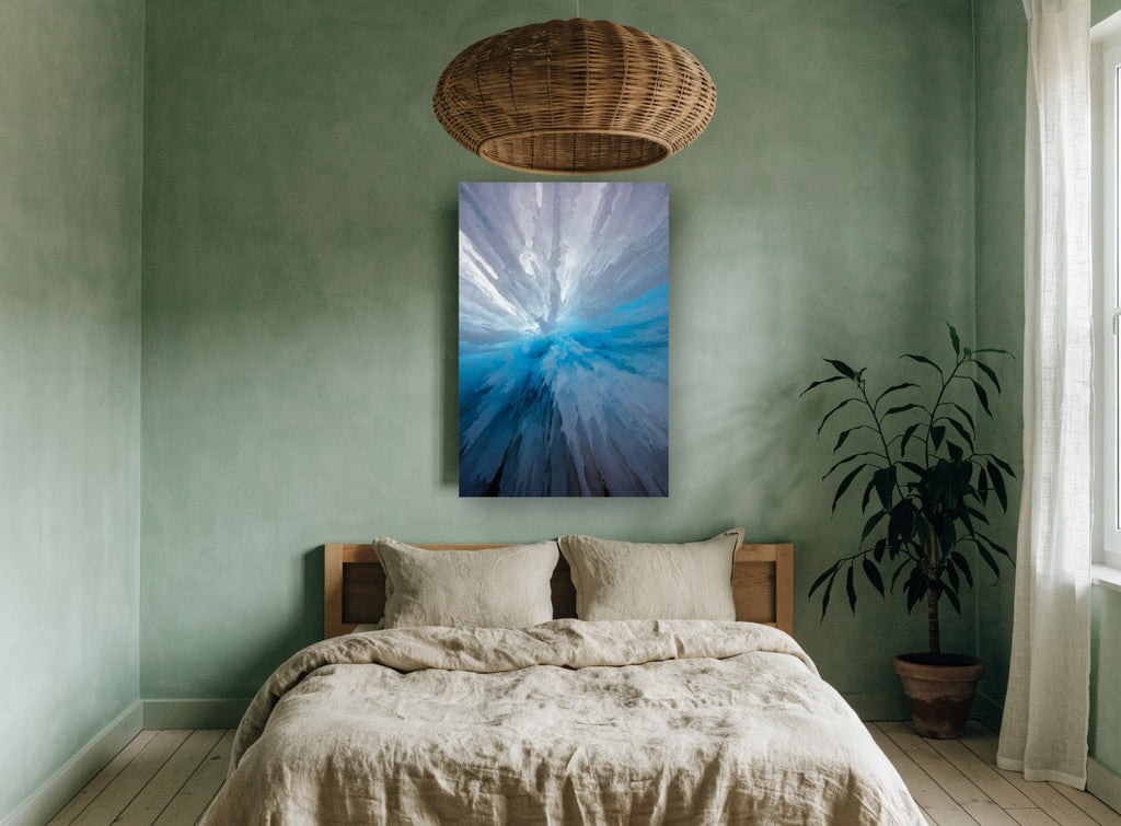 Blue Ice Burst landscape canvas print on the wall of a bedroom