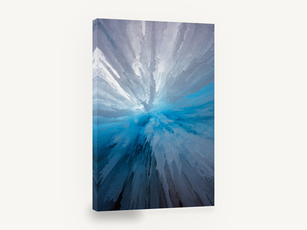 Blue Ice Burst, blue ice cave icicles photograph, landscape canvas wall art print ready to hang