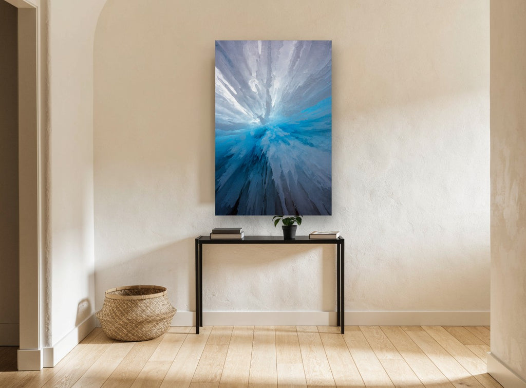 Blue Ice Burst landscape canvas print on the wall of a hallway