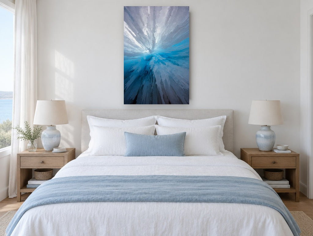 Blue Ice Burst landscape canvas print on the wall of a bedroom