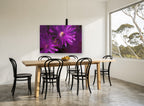 Purple Blooms Through Glass floral canvas print on the wall of a dining room