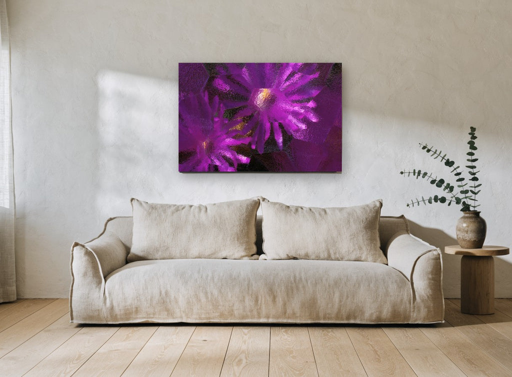 Purple Blooms Through Glass floral canvas print on the wall of a living room