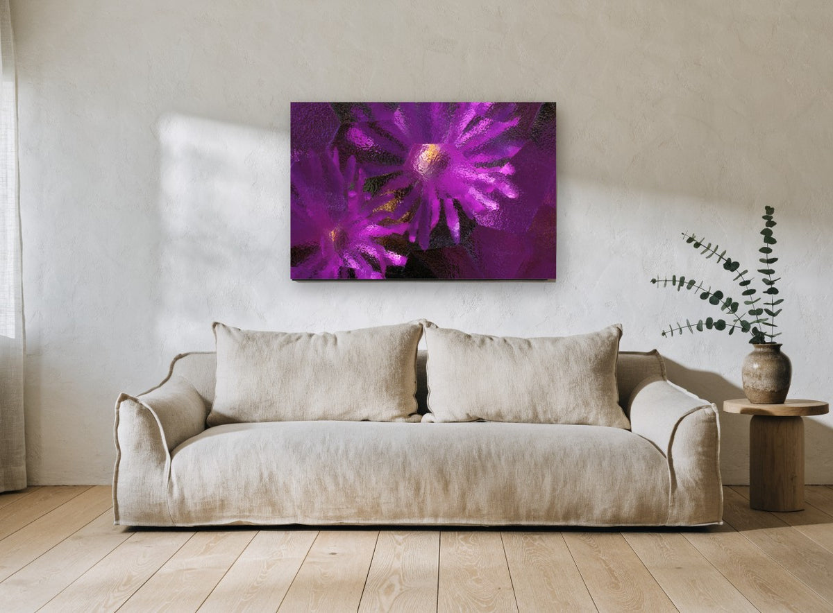 Purple Blooms Through Glass floral canvas print on the wall of a living room