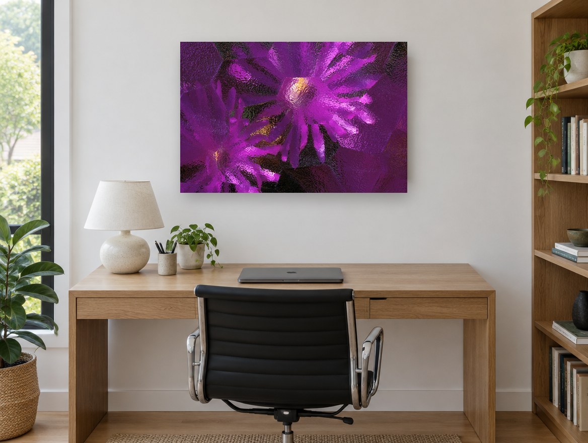 Purple Blooms Through Glass floral canvas print on the wall of a study