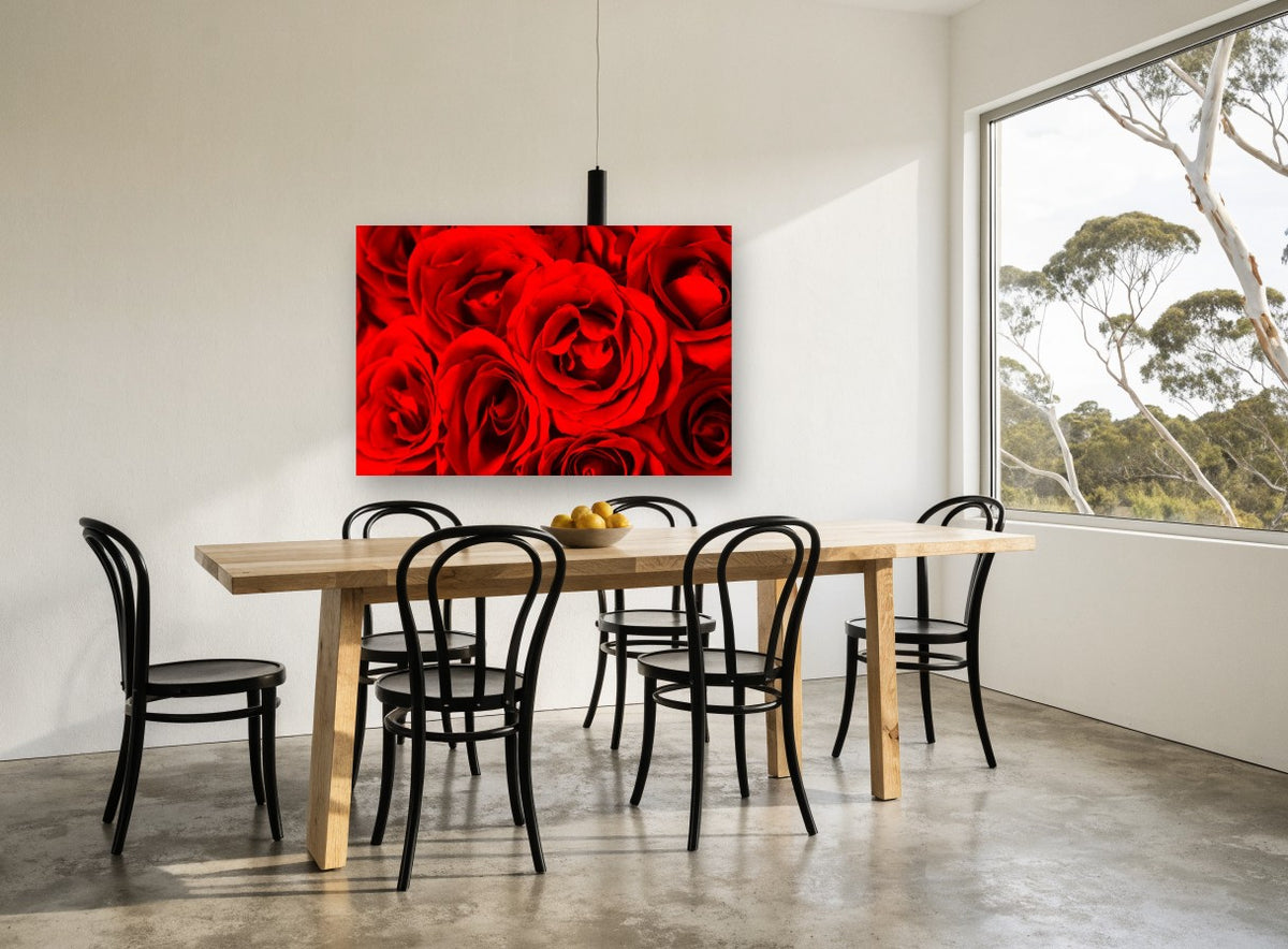 Crimson Rose Cluster floral canvas print on the wall of a dining room