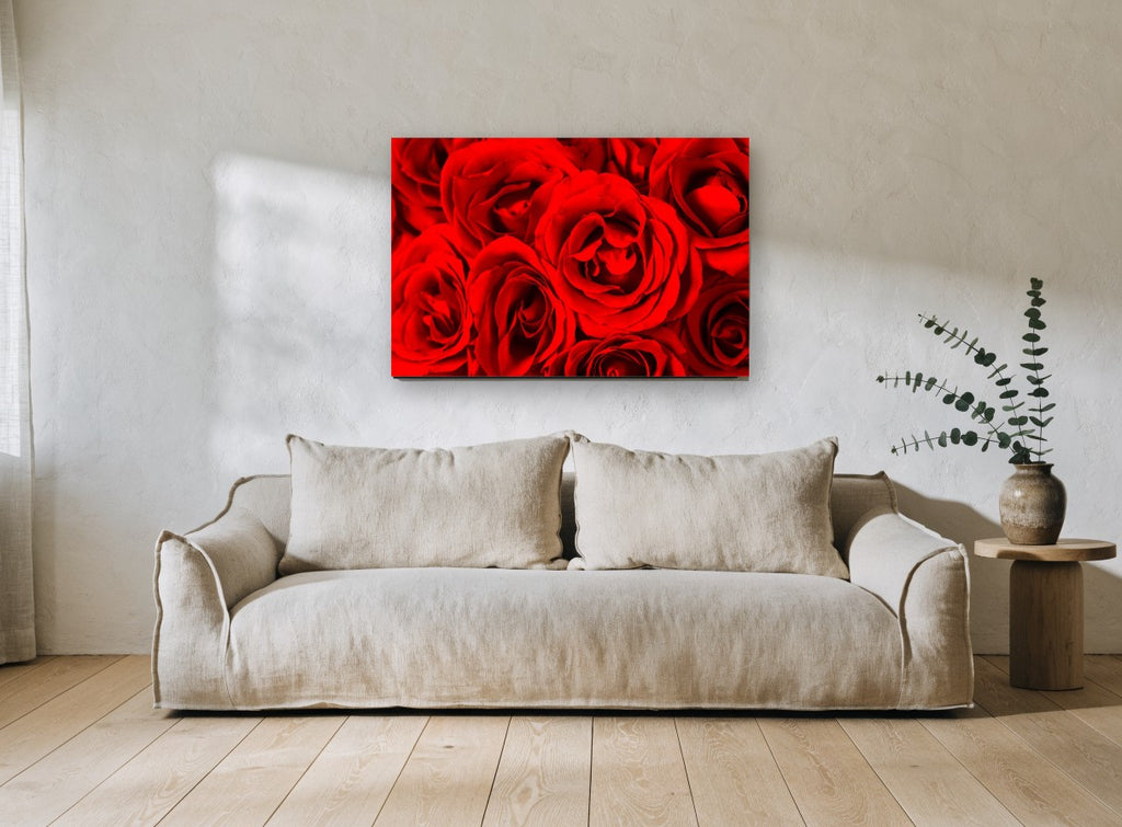 Crimson Rose Cluster floral canvas print on the wall of a living room