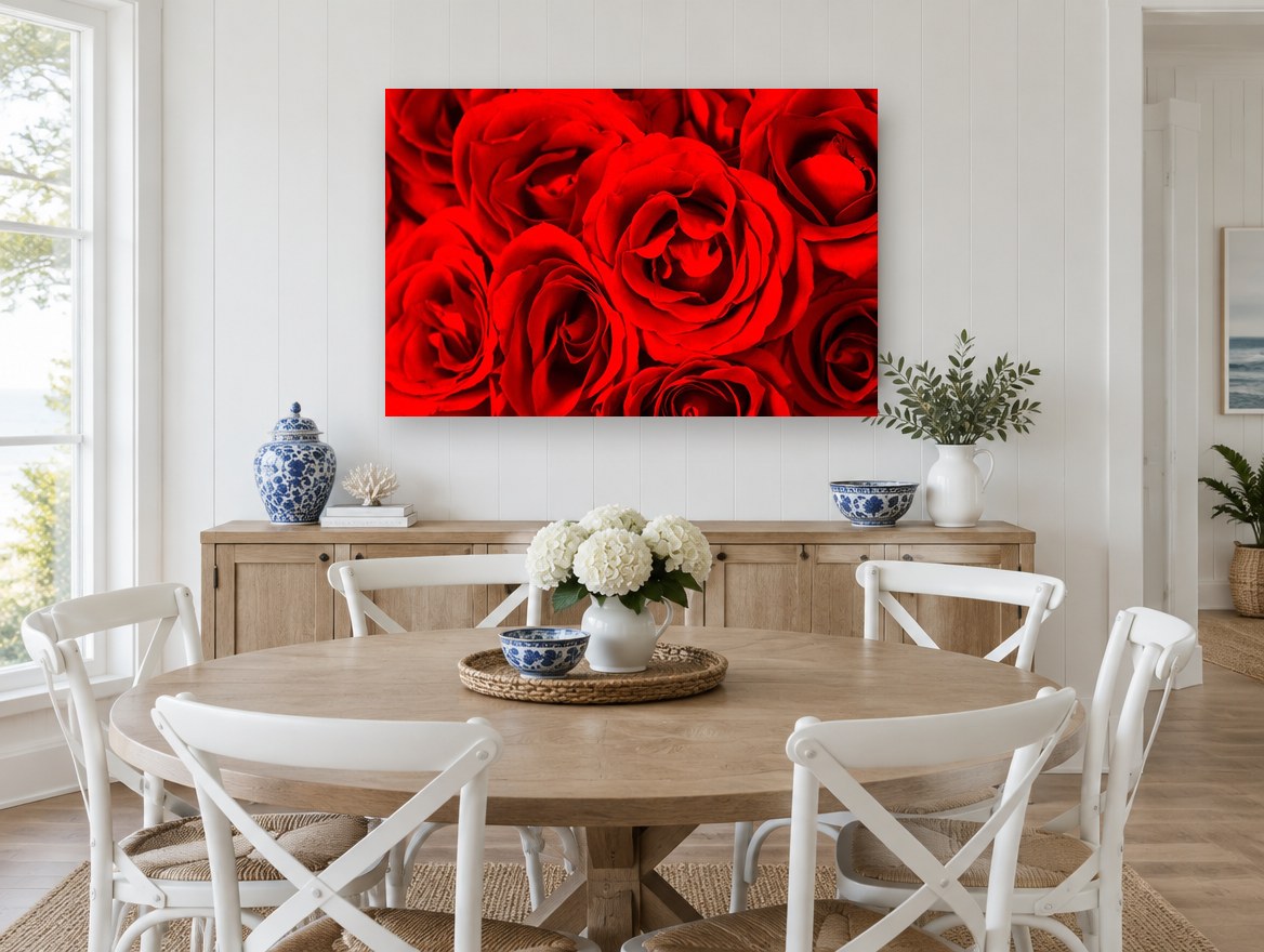 Crimson Rose Cluster floral canvas print on the wall of a Hamptons dining room