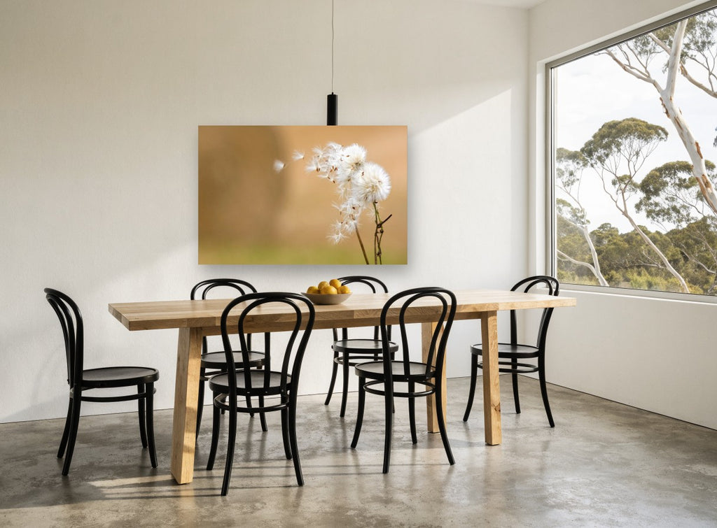 Seeds on the Breeze floral canvas print on the wall of a dining room