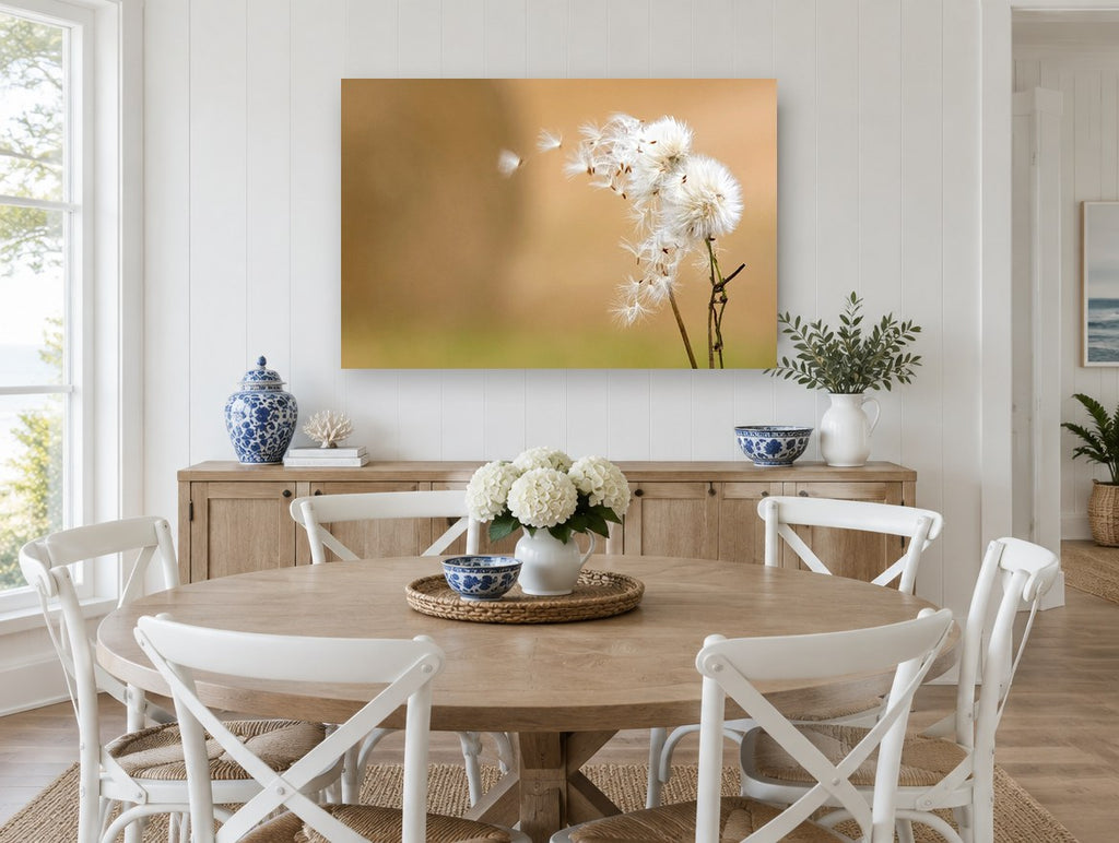 Seeds on the Breeze floral canvas print on the wall of a Hamptons dining room