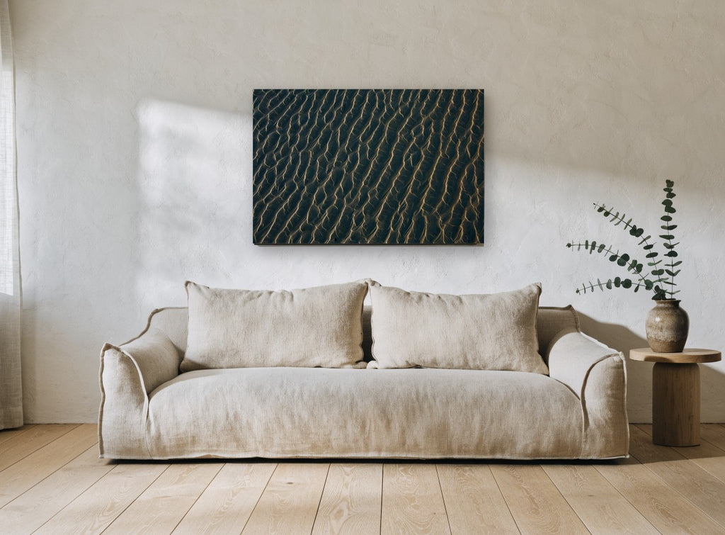 Rippled Sand at Dusk coastal canvas print on the wall of a living room
