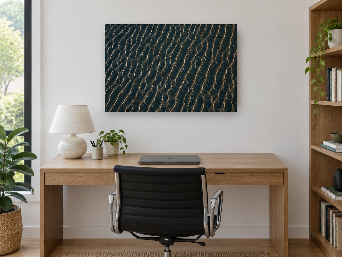 Rippled Sand at Dusk coastal canvas print on the wall of a study