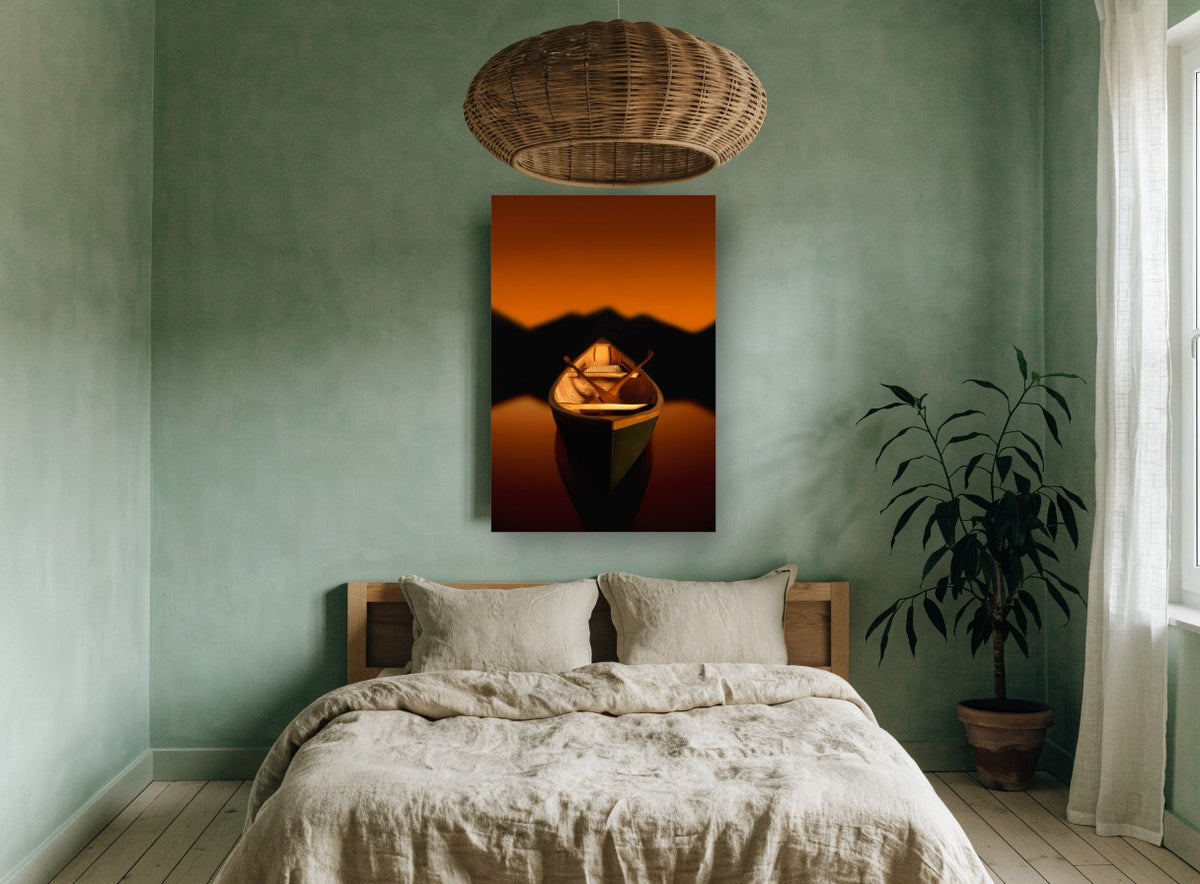 Amber Dusk Canoe landscape canvas print on the wall of a bedroom