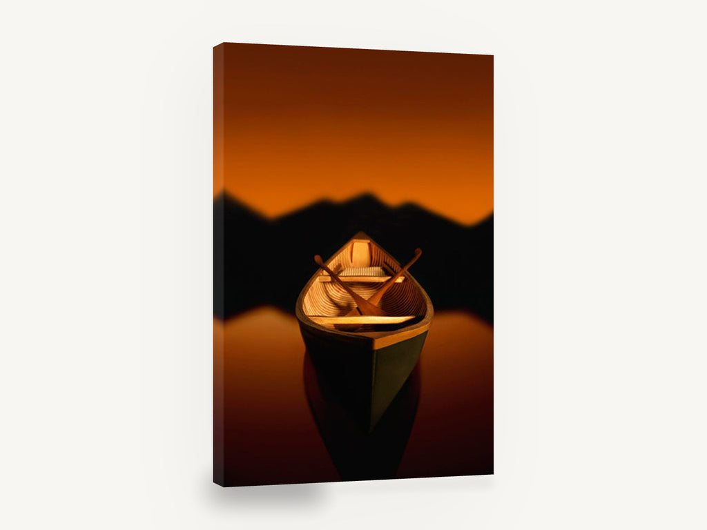 Amber Dusk Canoe, wooden canoe sunset lake photograph, landscape canvas wall art print ready to hang