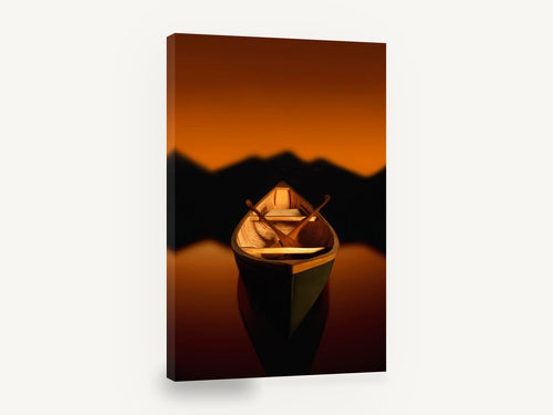 Amber Dusk Canoe, wooden canoe sunset lake photograph, landscape canvas wall art print ready to hang