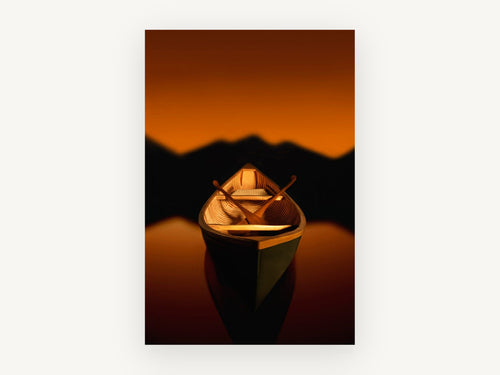 Amber Dusk Canoe, wooden canoe sunset lake photograph, landscape canvas wall art print, front view