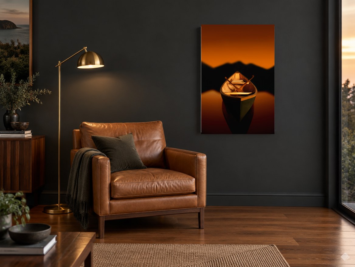 Amber Dusk Canoe landscape canvas print on the wall of a charcoal living room