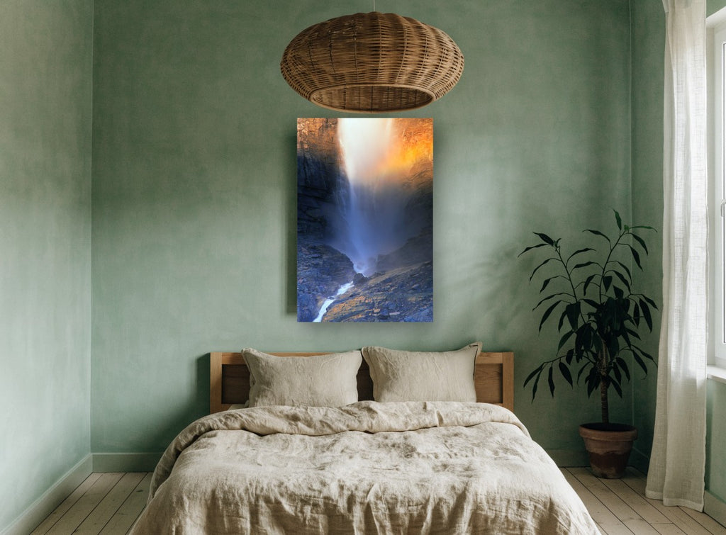Rainbow Mist Falls landscape canvas print on the wall of a bedroom