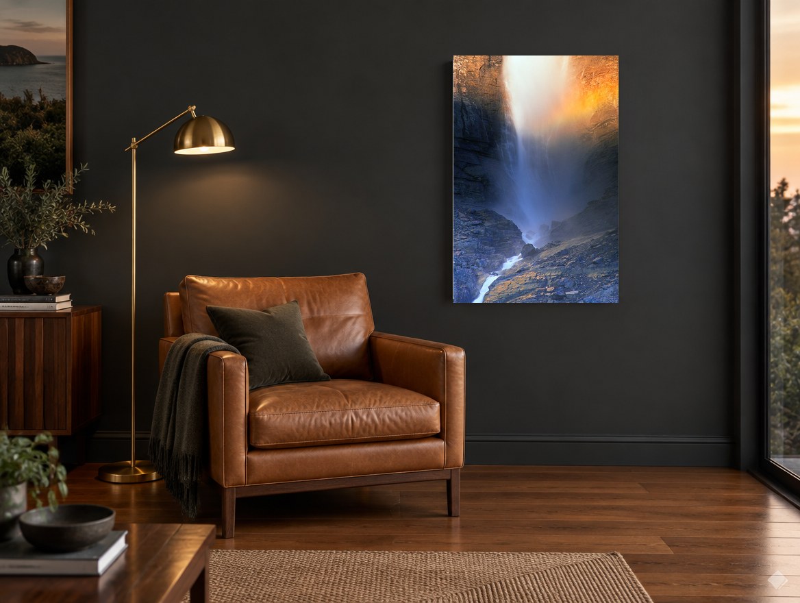 Rainbow Mist Falls landscape canvas print on the wall of a charcoal living room