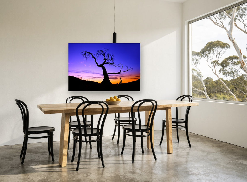 Twilight Bare Tree landscape canvas print on the wall of a dining room