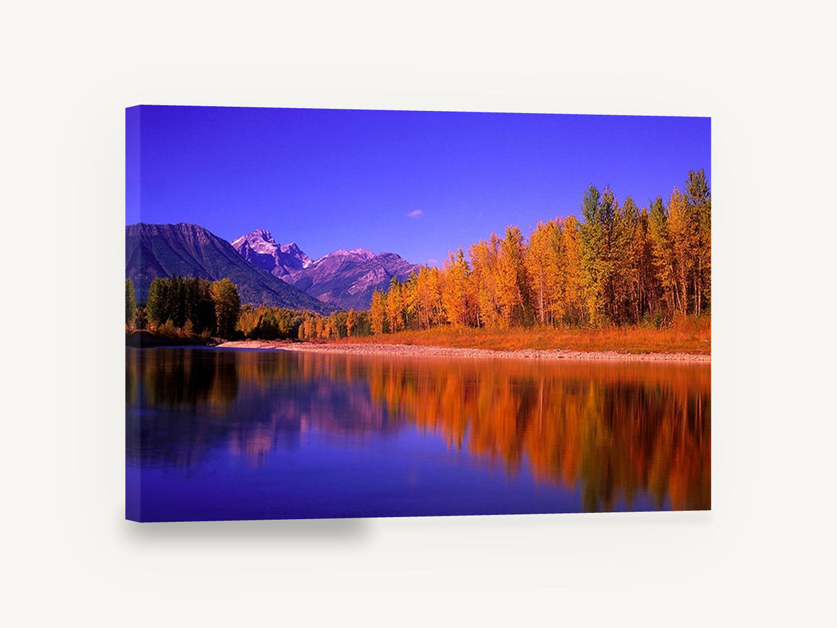 Autumn Poplars Mirror, autumn trees mountain river photograph, landscape canvas wall art print ready to hang