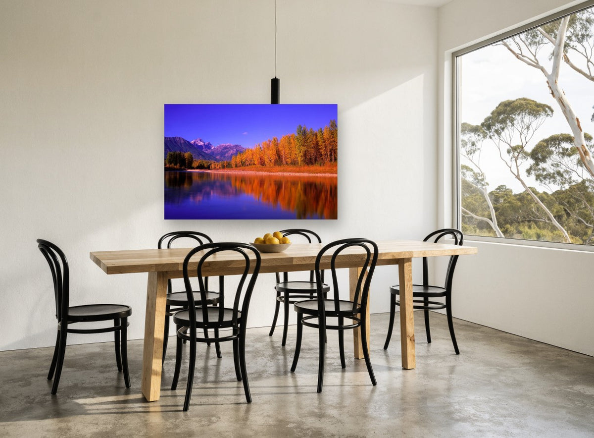 Autumn Poplars Mirror landscape canvas print on the wall of a dining room