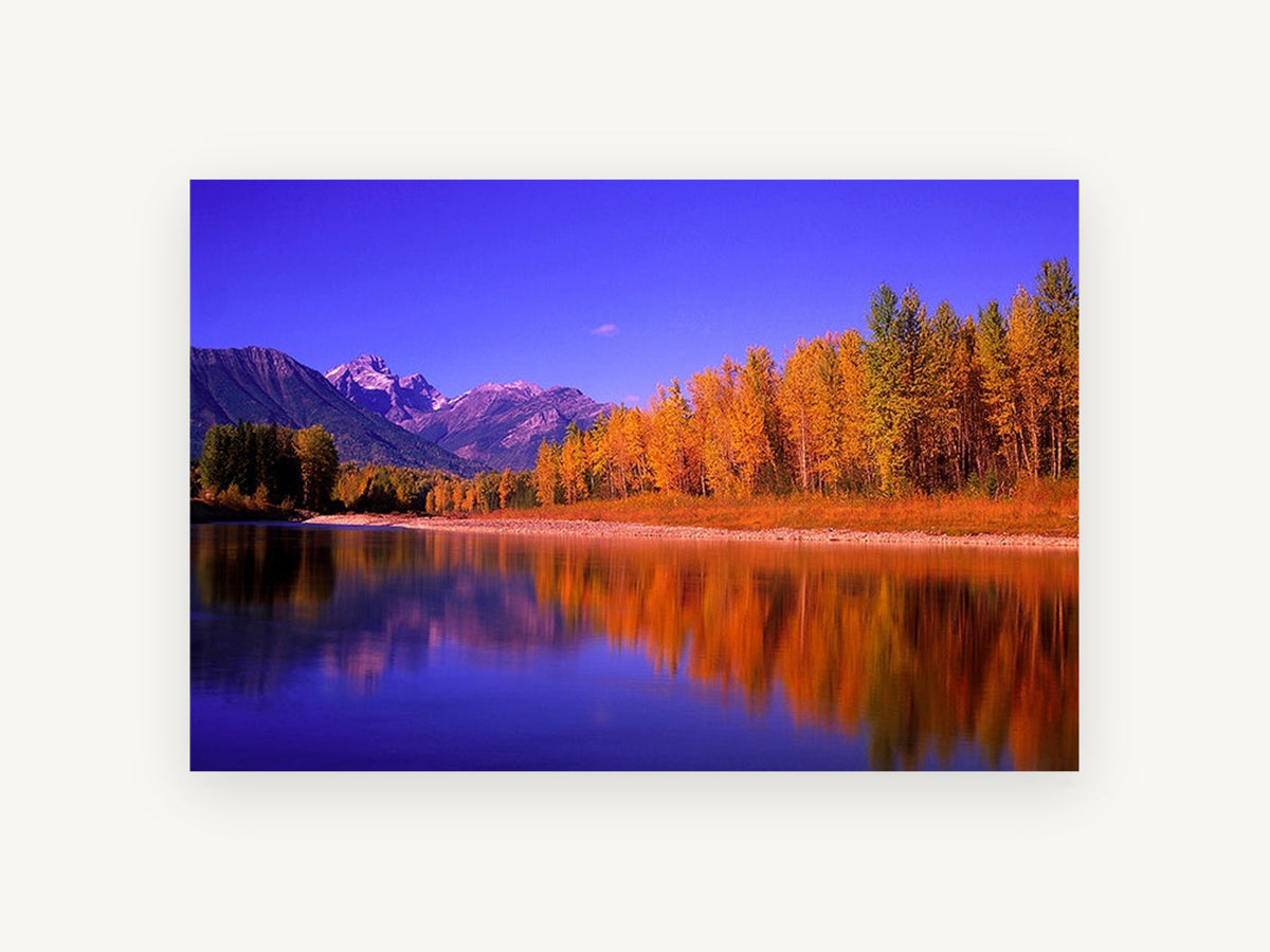 Autumn Poplars Mirror, autumn trees mountain river photograph, landscape canvas wall art print, front view