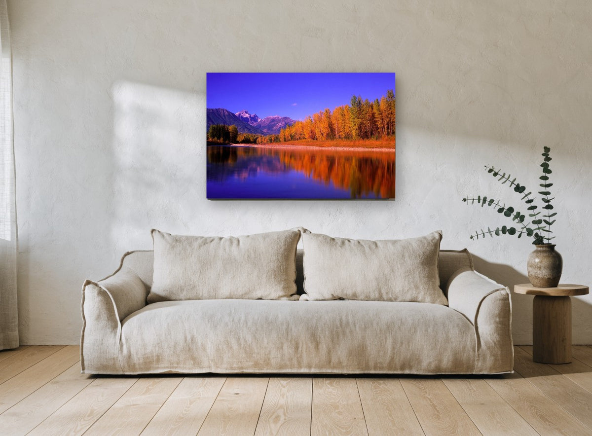 Autumn Poplars Mirror landscape canvas print on the wall of a living room