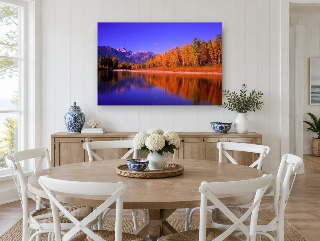 Autumn Poplars Mirror landscape canvas print on the wall of a Hamptons dining room
