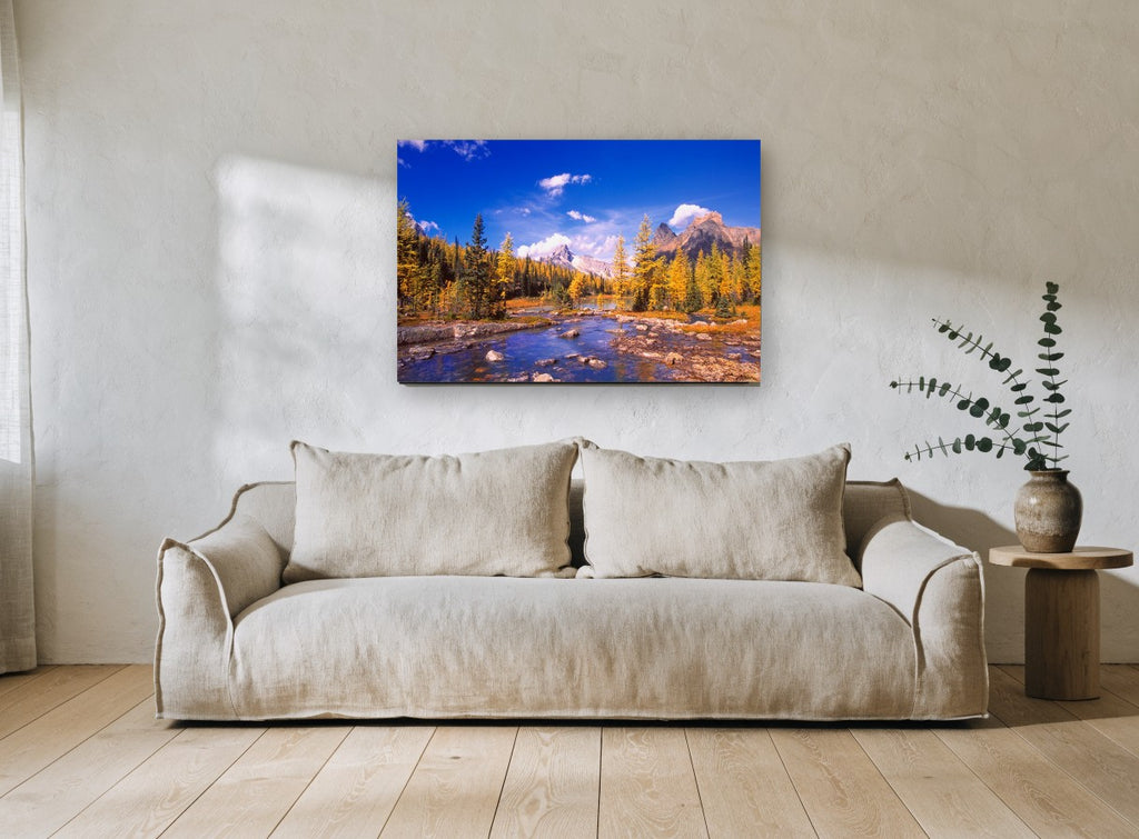 Golden Larch Creek landscape canvas print on the wall of a living room
