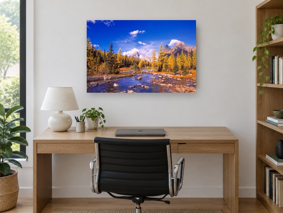 Golden Larch Creek landscape canvas print on the wall of a study