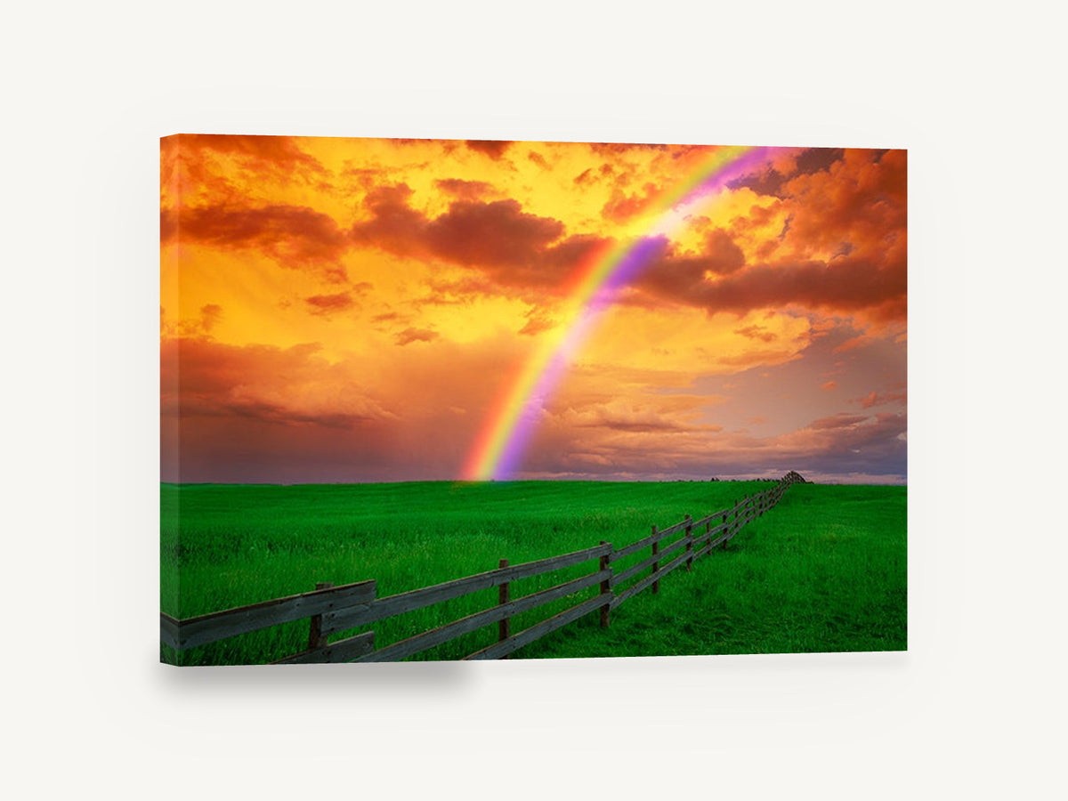 Rainbow Over Pasture, rainbow over green pasture photograph, landscape canvas wall art print ready to hang