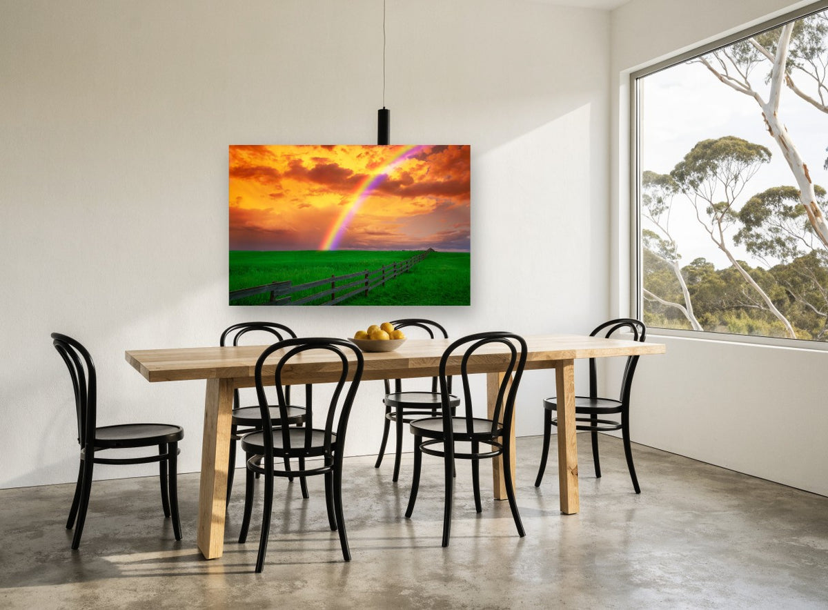 Rainbow Over Pasture landscape canvas print on the wall of a dining room