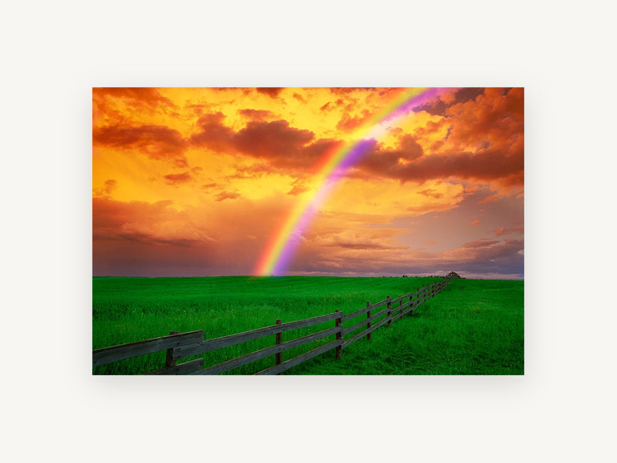 Rainbow Over Pasture, rainbow over green pasture photograph, landscape canvas wall art print, front view