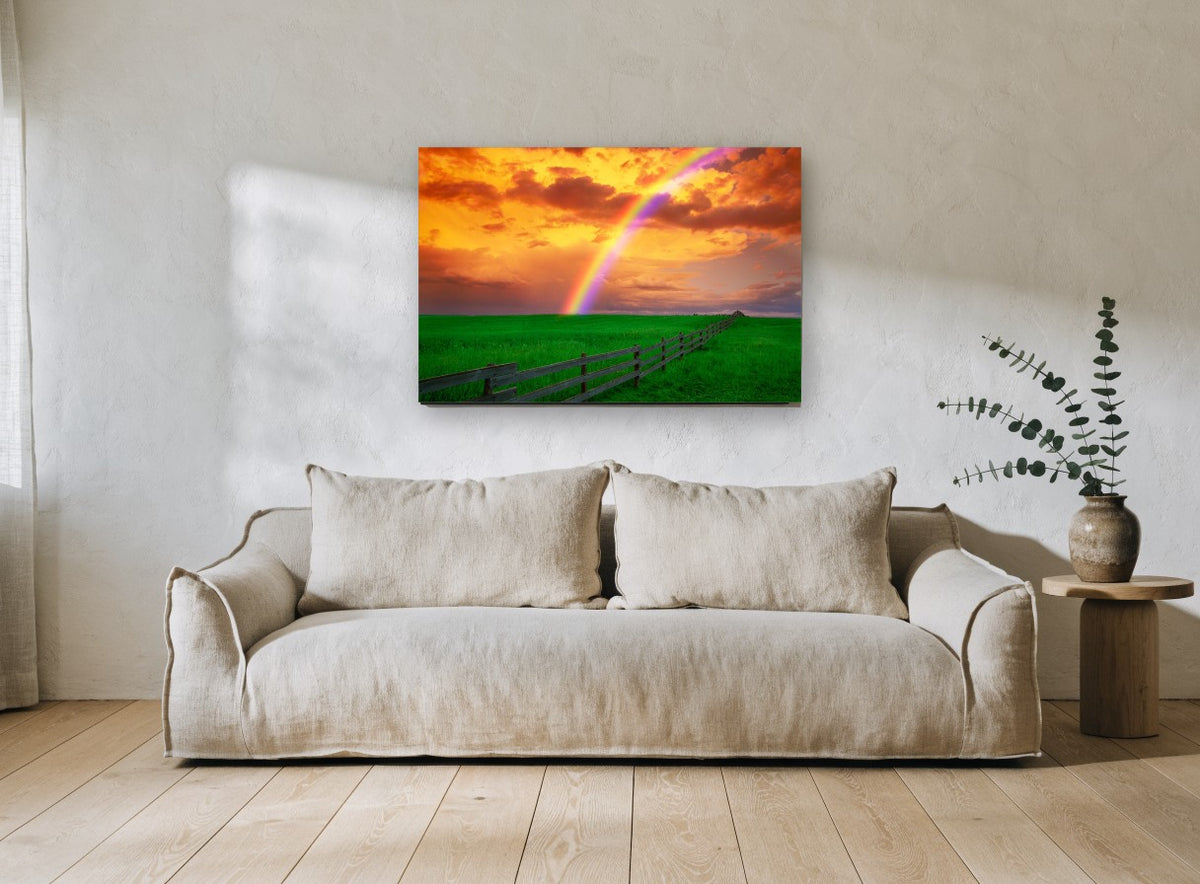 Rainbow Over Pasture landscape canvas print on the wall of a living room