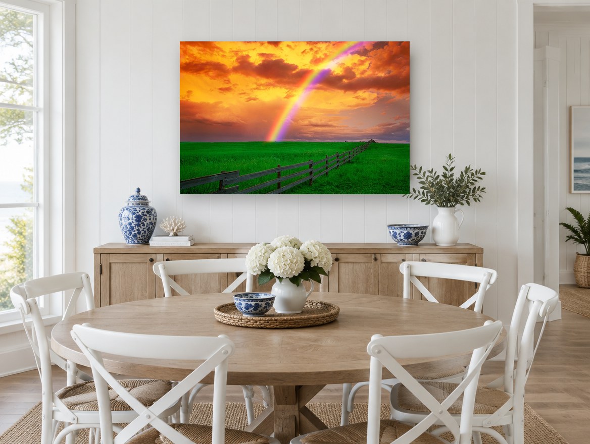Rainbow Over Pasture landscape canvas print on the wall of a Hamptons dining room