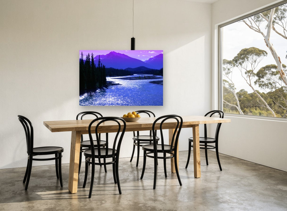 Violet River Valley landscape canvas print on the wall of a dining room