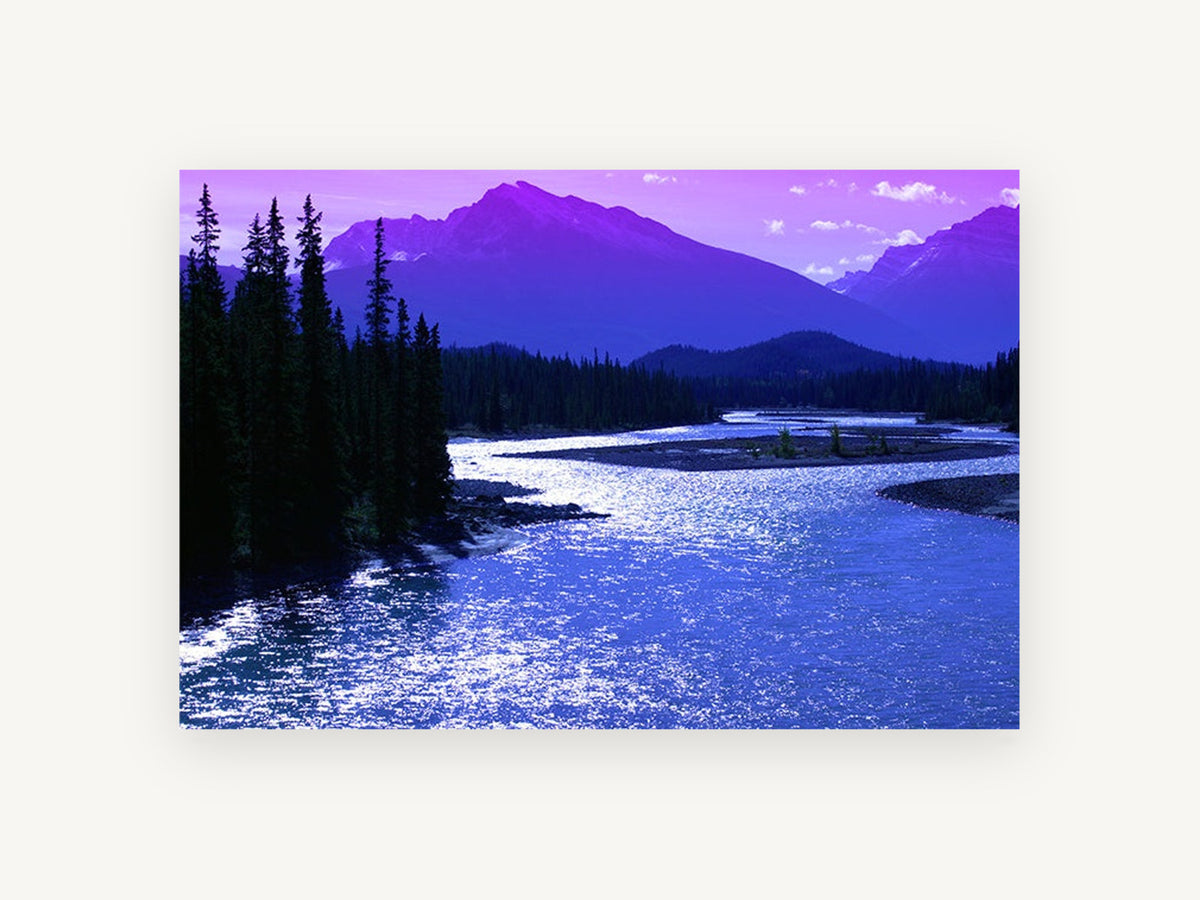 Violet River Valley, purple mountain river photograph, landscape canvas wall art print, front view