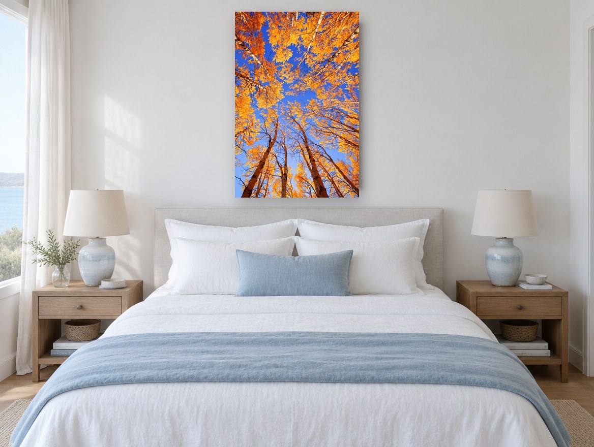 Golden Aspen Sky Lookout landscape canvas print on the wall of a bedroom