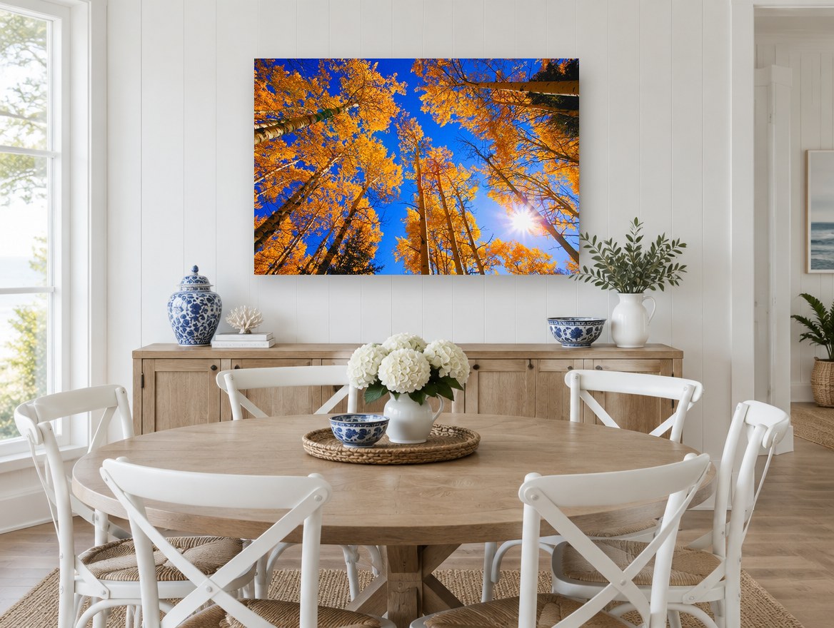 Aspen Canopy Sunburst landscape canvas print on the wall of a Hamptons dining room