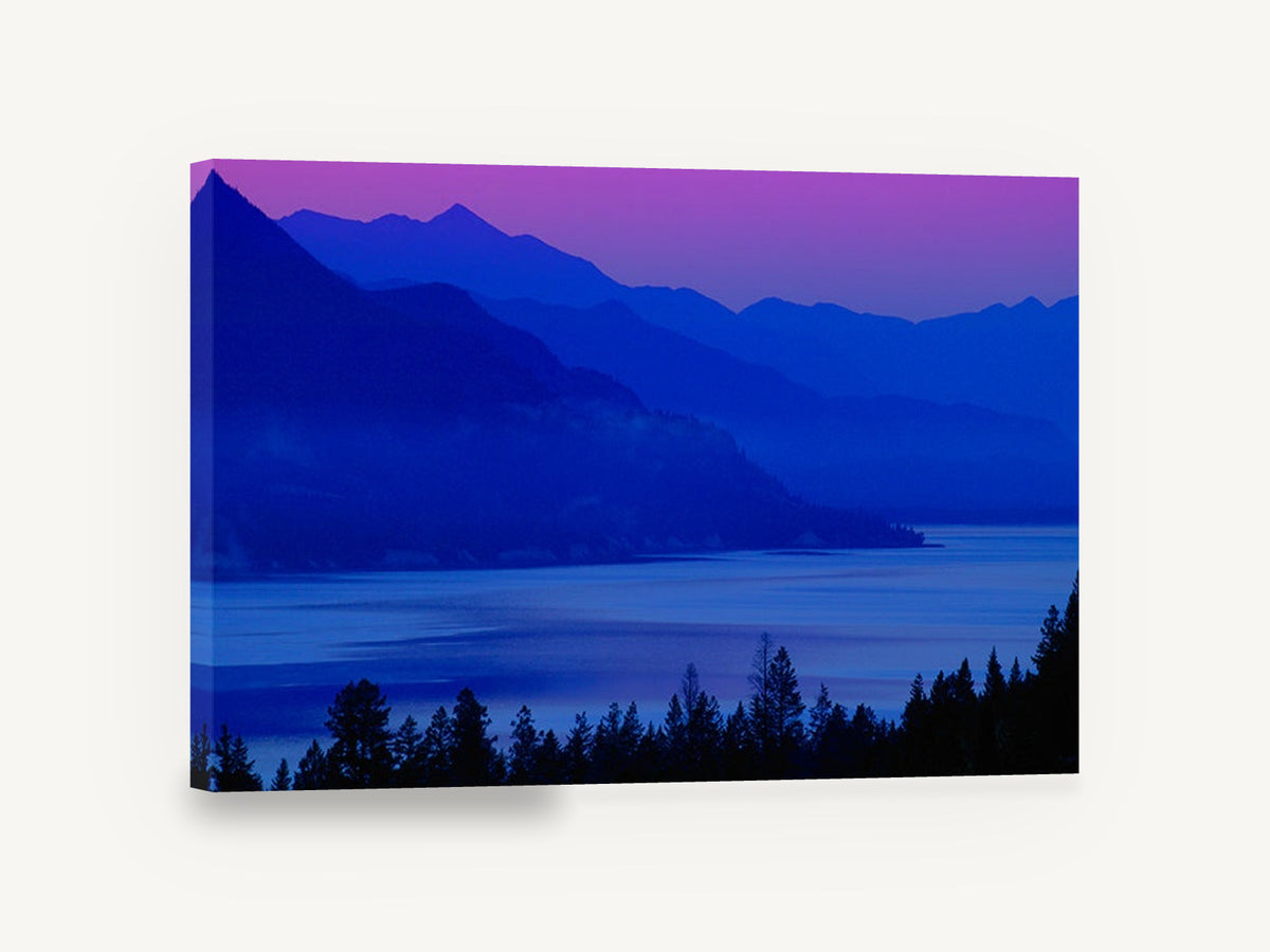 Violet Dusk Lake, blue mountain lake dusk photograph, landscape canvas wall art print ready to hang