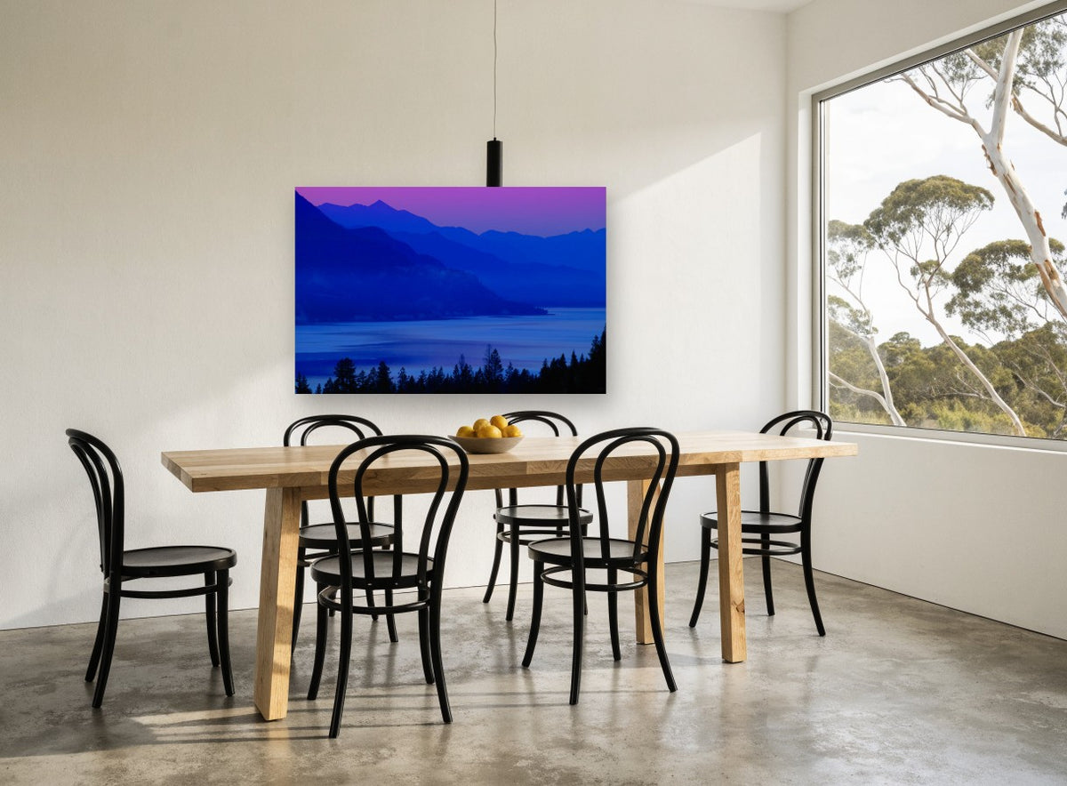 Violet Dusk Lake landscape canvas print on the wall of a dining room