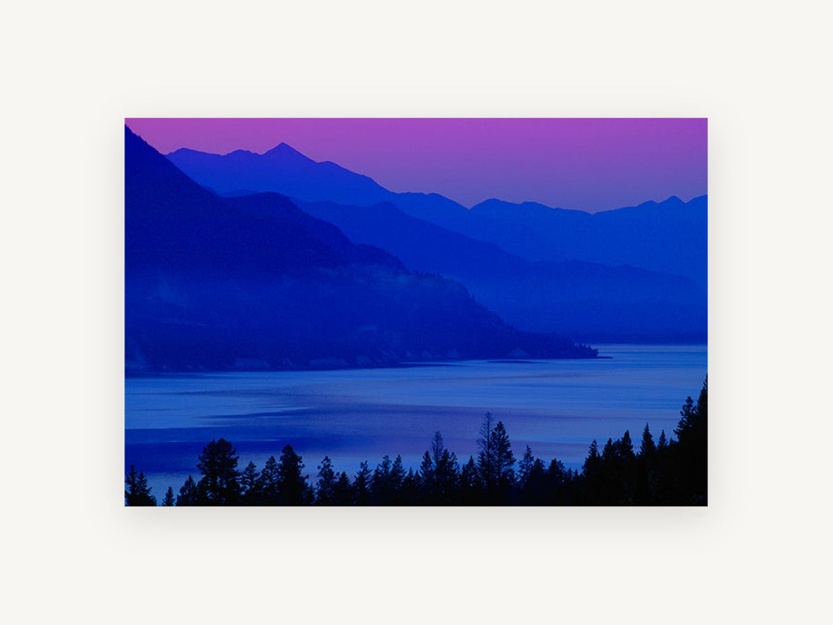 Violet Dusk Lake, blue mountain lake dusk photograph, landscape canvas wall art print, front view